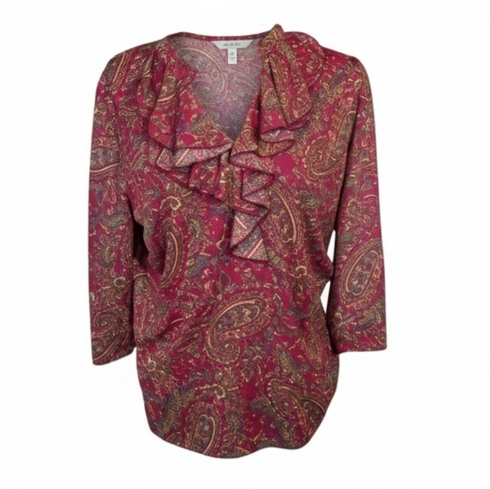 Chaps Red Paisley Mesh Top Ruffle Front Blouse Stretchy Lined Plus Size Sz 1x